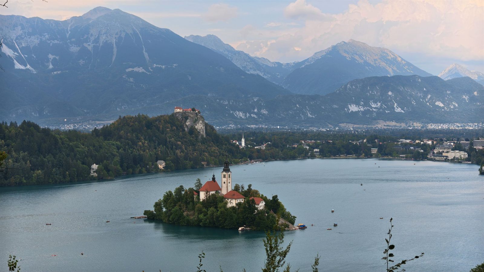 Island church in Lake Bled below the Julian Alps in Slovenia